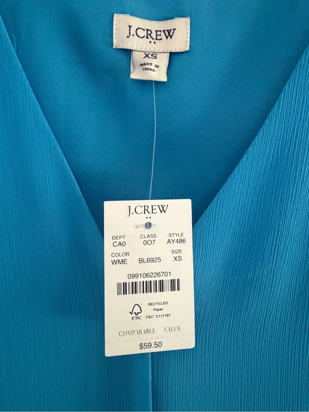 J. Crew Women's Blue V-neck Puff Sleeve Blouse NWT